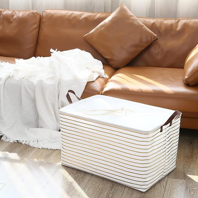 Hinwo 70L Extra Large Storage Bins, 6-Pack Closet Organizers and Storage, Foldable Clothes Storage Baskets with Handles, Containers for Clothing, Blanket, Comforters, Toys, Bedding (Gold Stripe)