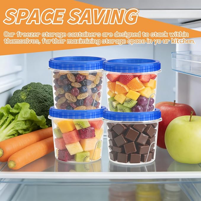 6 Pack Freezer Containers with Screw On Lids, 24 Oz Stackable Reusable Plastic Storage Container, Airtight Plastic Food Storage Containers with Twist Top Lids for Food Soup Jello Sauce