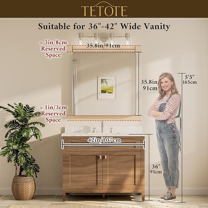 TETOTE 36 x 36 Inch Gold Mirror for Bathroom, Brushed Brass Wall Mirrors Metal Frame Square Modern Shatterproof Decorative Vanity Mirror for Living Room Entryway