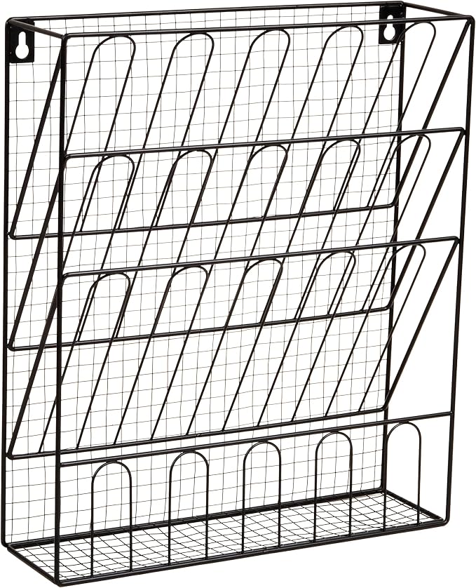 Mind Reader Metal Wire Desktop Organizer, Vertical File Holder, Hooks and Storage Tray, Wall Mount or Desktop, Metal, Black