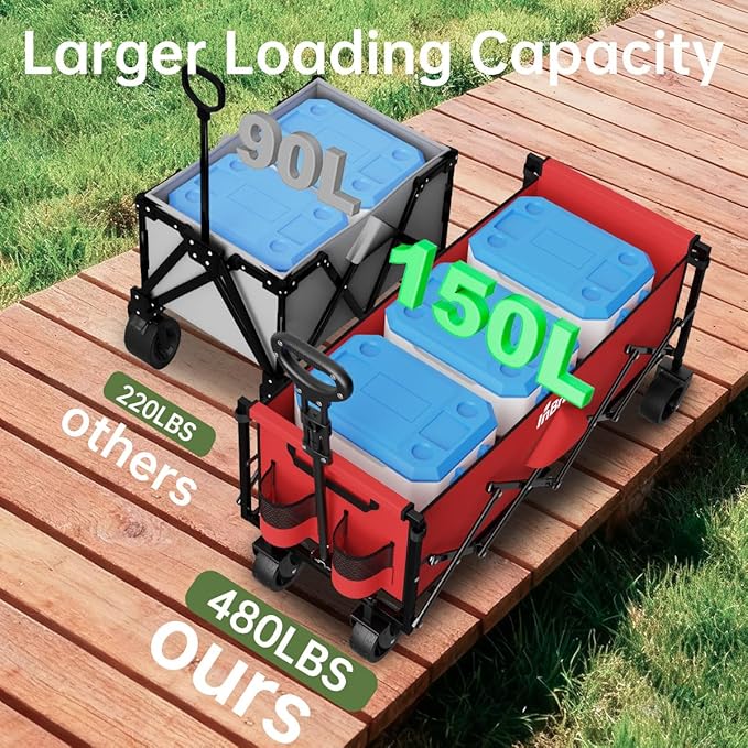 Extra Long Collapsible Wagon Cart, 480LBS Heavy Duty Utility Wagons with All-Terrain Wheels, Foldable Grocery Carts for Gardening, Shopping, Beach, Camping, Cherry Red