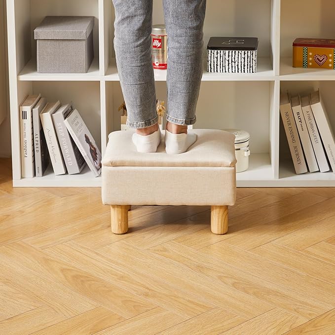 Aibiju Ottoman with Storage, Small Foot Rest for Couch 16x12x9.5inch, Safety Hinge Flip Top Foot Stool Ottoman Load up to 330lb for Living Room Dorm Beige YD-JD1361
