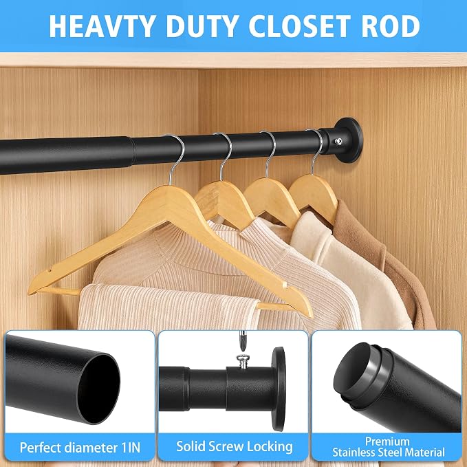 Closet Rods For Hanging Clothes, 17-76 Inch Adjustable Closet Rod, Stainless Steel Heavy Duty Closet Hanging Rod-Black