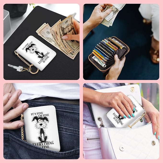 Blusabaca RFID Credit Card Holder Small Women Travel Wallet, Funny Dog | Removable Keychain, Case with Zipper, Vegan PU Leather, Cash Coin Pocket, Business Accordion Purse, Ladies Female Gift