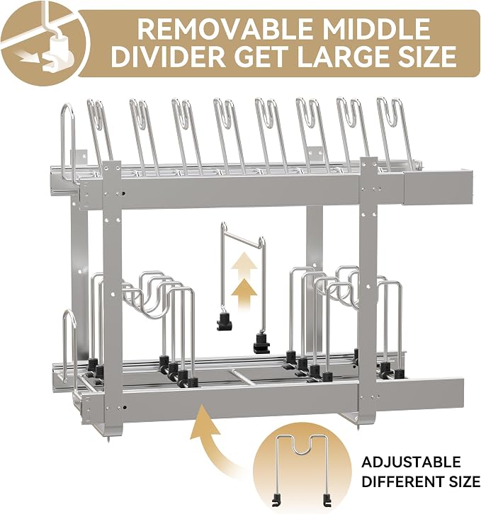 2-Tier Pots and Pans Organizer Under Cabinet Kitchen 12" W *22" D | Pull out Cabinet Organizer for Pots, Pans, and Lid Cookware, Adjustable Heavy Duty Wire Pan and Pot Rack, Full-Extension Rail