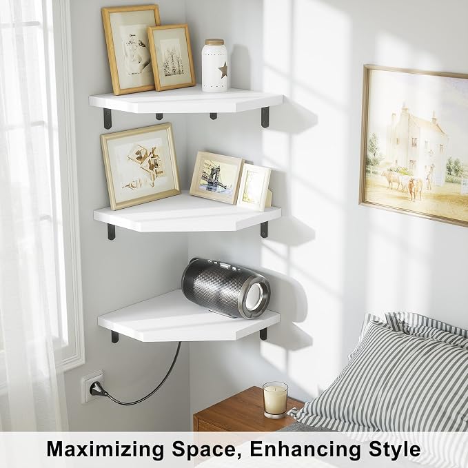 Alsonerbay Pine Wood Corner Shelves with Cable Cutout 3-Pack, White | Diamond-shaped, cable management, 40 lbs/shelf, 0.79" thick pine, L-shaped metal brackets, for router & media devices