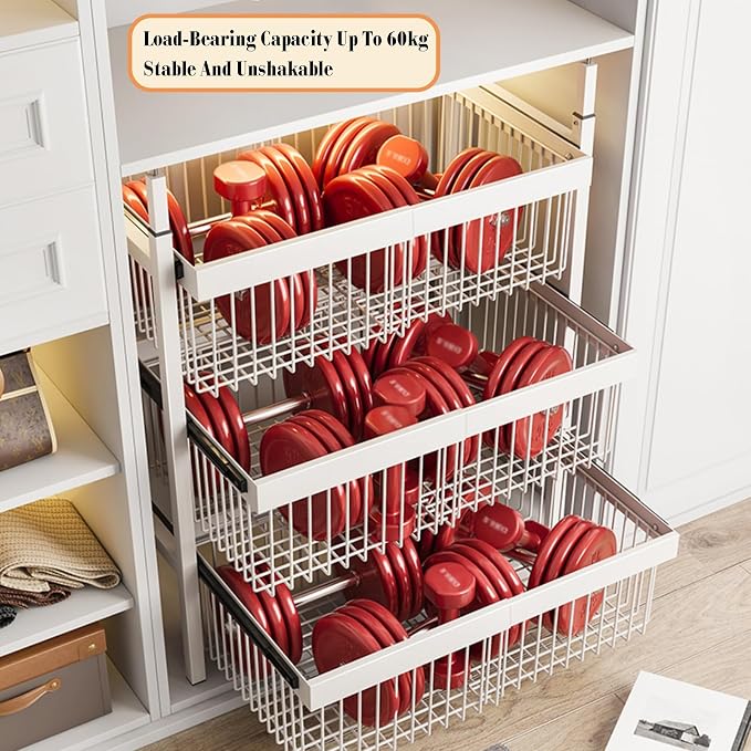 1-3 Tier Expandable Cabinet Pull Out Basket,Stackable Shelf Baskets Organizer,Carbon Steel Stackable Storage Bins,for Office Bathroom Bedroom(3 tier)