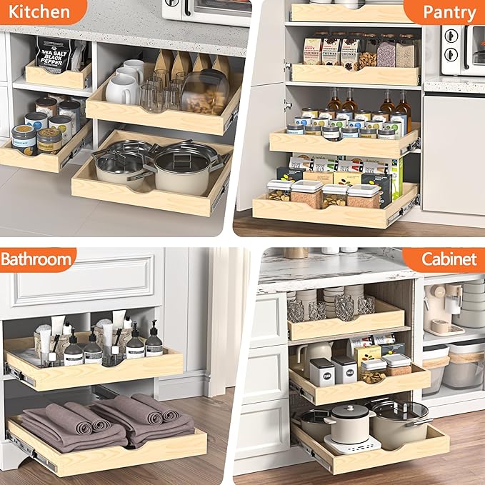 ZOINLIY 27''W X 21''D X 3''H Wooden Pull Out Drawer for Cabinet, Cabinet Organizer for Kitchen, Soft Close Slide Out Shelves, Heavy Duty, Fully Expandable