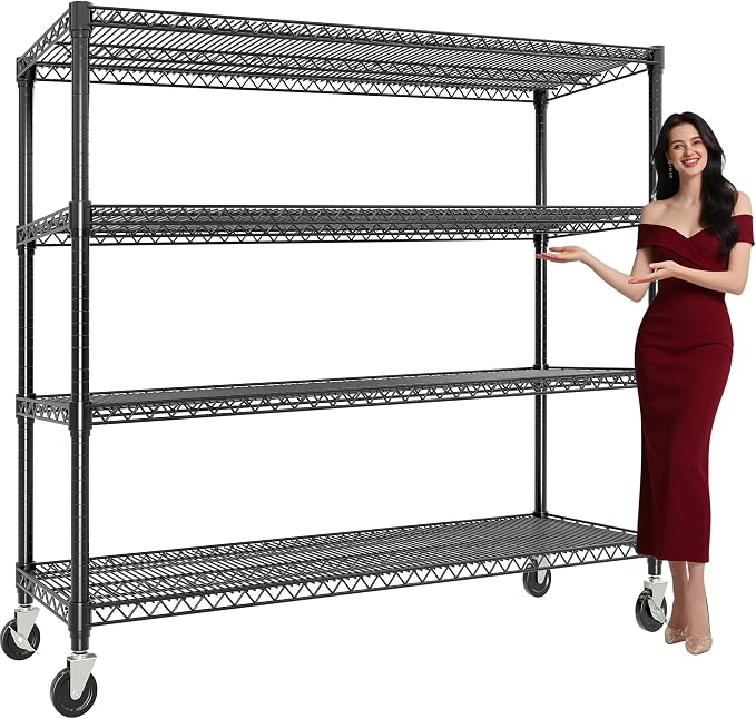 Garvee 4-Tier Metal Shelving with 4" Wheels, 2640LBS Storage Shelves | 71.8"Hx59"Wx17.7"D, Heavy Duty, Wire Shelving Units, Adjustable, Garage Storage Rack, for Kitchen Basement Pantry
