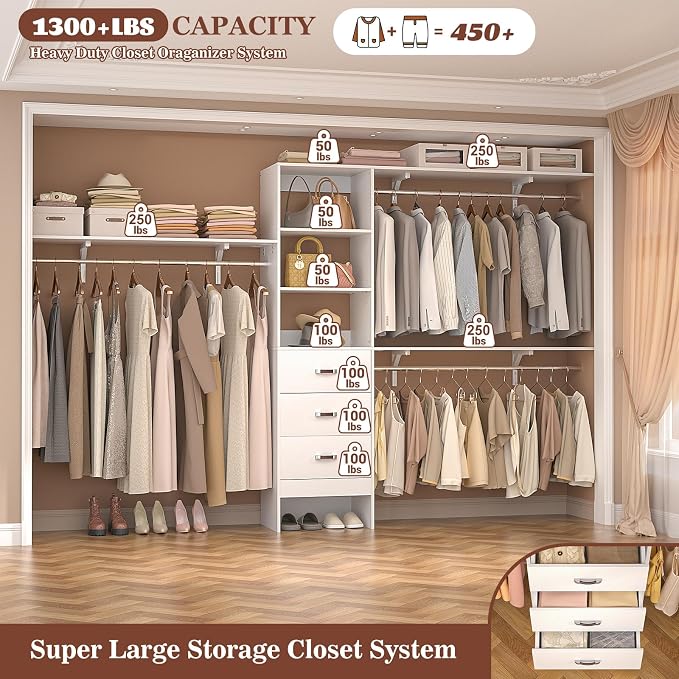 Armocity 120 Inches Closet System, 10FT Walk In Closet Organizer with 3 Shelving Towers, Heavy Duty Clothes Rack with 3 Drawers, Built-In Garment Rack, 120" L x 16" W x 75" H, Max Load 1300 LBS, White