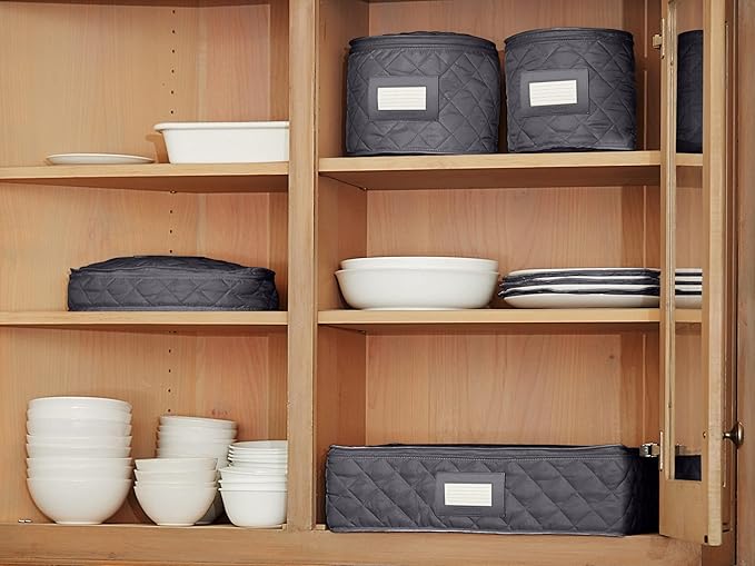 Covermates Keepsakes Dish Storage Case – Padded China & Dinnerware Organizer, Quilted Polyester Protection, ID Window, Zipper Closure, Machine Washable, Slate