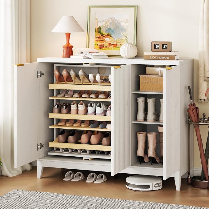 Vlsrka Shoe Storage Cabinet with Fluted Doors and Adjustable Shelves | 6 Tier Wooden Shoe Organizer, Large Capacity, Human Sensor Lighting, 180° Rotating, for Entryway, Hallway, Living Room, White