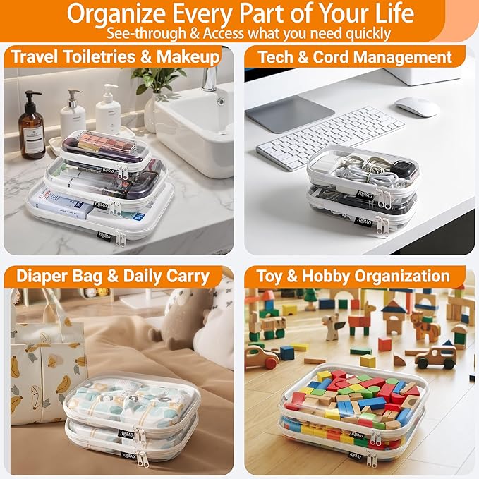 YQBRAO Clear Hard Shell Storage Organizer Set, 2-Pack, White | Two large rigid PET organizers for travel, beauty, office supplies and everyday storage
