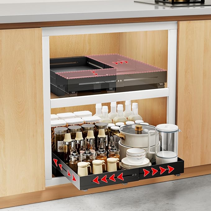 Pull Out Cabinet Organizer With Raising Pad for Framed Cabinets,Adjustable Depth(12.8"-17.5") And Width(14.8"-20.5"),Slide Out Drawers,No Drill Design,Heavy Duty Storing,Black