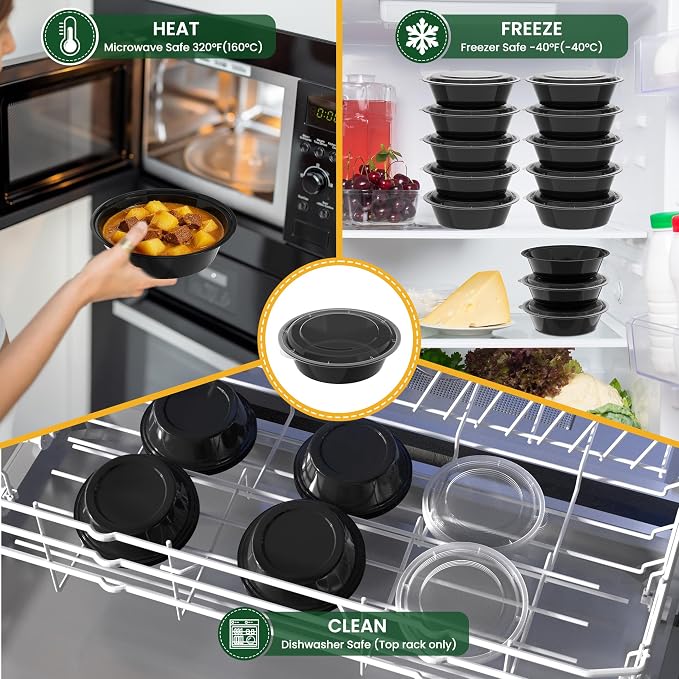 30oz Round 50-Pack Meal Prep Containers Reusable with Lids, To Go Take Out Plastic Food Storage Containers with Lids, Sturdy Leakproof & Food Safe, Microwave Freezer Dishwasher Safe Prep Containers