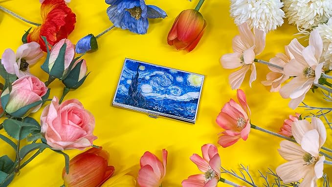 Mother of Pearl Business Card Case Credit Id Name Holder Travel Wallet Art Painting Design Metal Stainless Steel Engraved Slim Purse Pocket Cash Money Wallet (Starry Night)