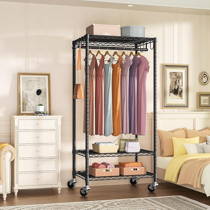 FUTASSI Rolling Clothes Rack, Clothing Racks for Hanging Clothes, Black | P6 Medium Heavy Duty Garment Rack with Wheels, Freestanding Portable Closet Rack with Shelves, 30 In Wide, Max Load 370 LBS