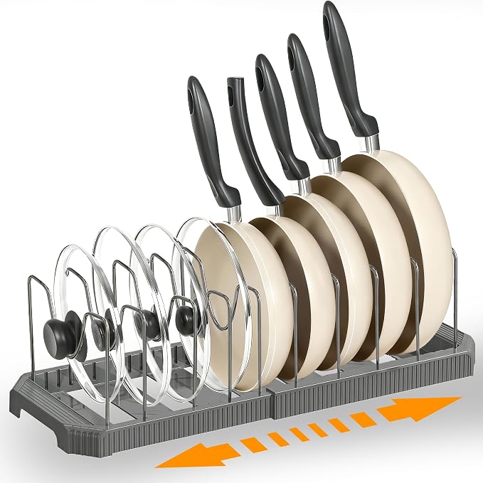 Adjustable Pot Lid Organizer, 9 Compartment Cabinet Storage for Pans, Grey | Width adjusts 12 to 20 in, holds pots pans lids cutting boards, wire dividers, non-slip feet, space-saving for kitchen