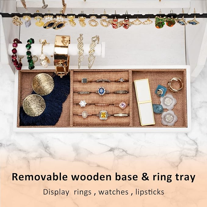 DGWJSU Earring Organizer, 5 Layer Earring Holder Organizer with Necklace Holder, Rustic Wood Jewelry Organizer Stand Display for Stud Earring Bracelet Necklace Ring, Watches