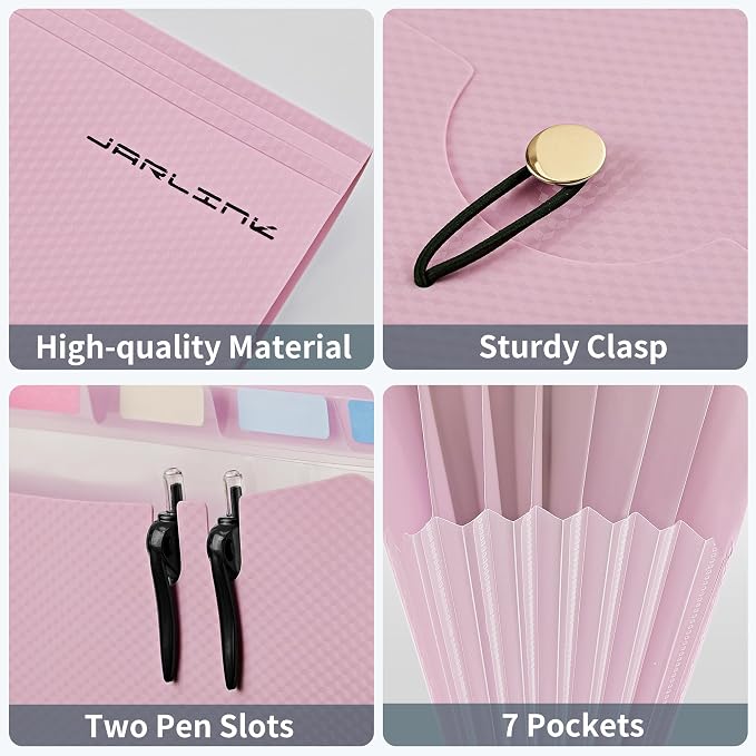 JARLINK 7 Pockets Expanding File Folder, A4 Accordion folders, Pink | Accordion File Folders with 12 Labels, Portable Document Organizer for Home, College, School, and Office Supplies