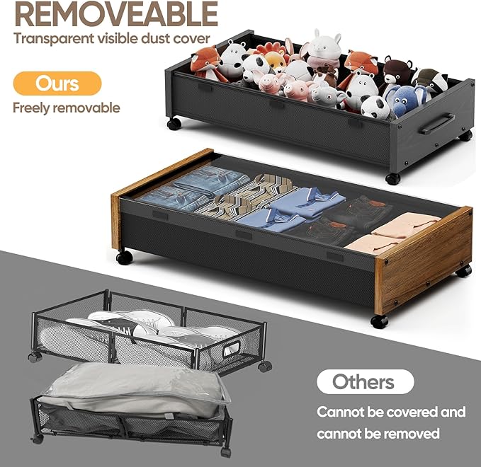Under Bed Storage with Wheels, Wooden Under the Bed Storage with Remove Lid, Rolling Underbed Storage Drawers, Large Metal Storage Bins for Shoes Blankets Clothes Bedrooms Dorms (Vintage Brown-2pack)