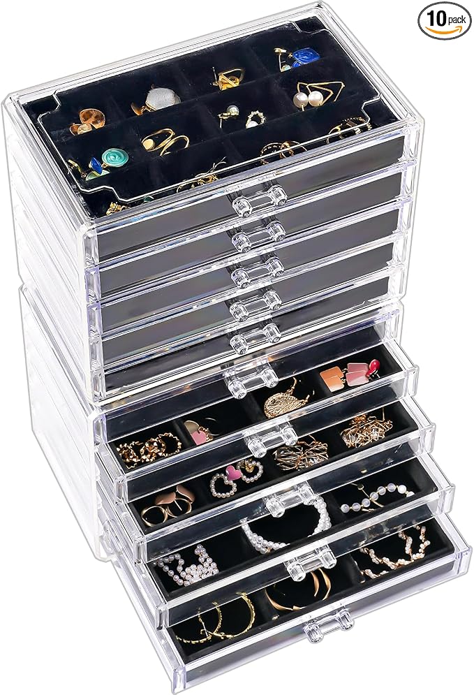 ProCase Earring Holder Organizer Jewelry Box with 10 Drawers, Acrylic Clear Earring Case with Adjustable Velvet Trays for Women - Black,10 Layers