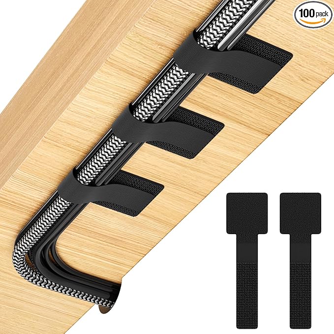 100Pcs per Pack，Hook and Loop Cable Ties, Self Adhesive Cable Straps, Reusable Adjustable Cord Organizer for Desk, Under Desk Cable Management, Home & Office Essentials, Black
