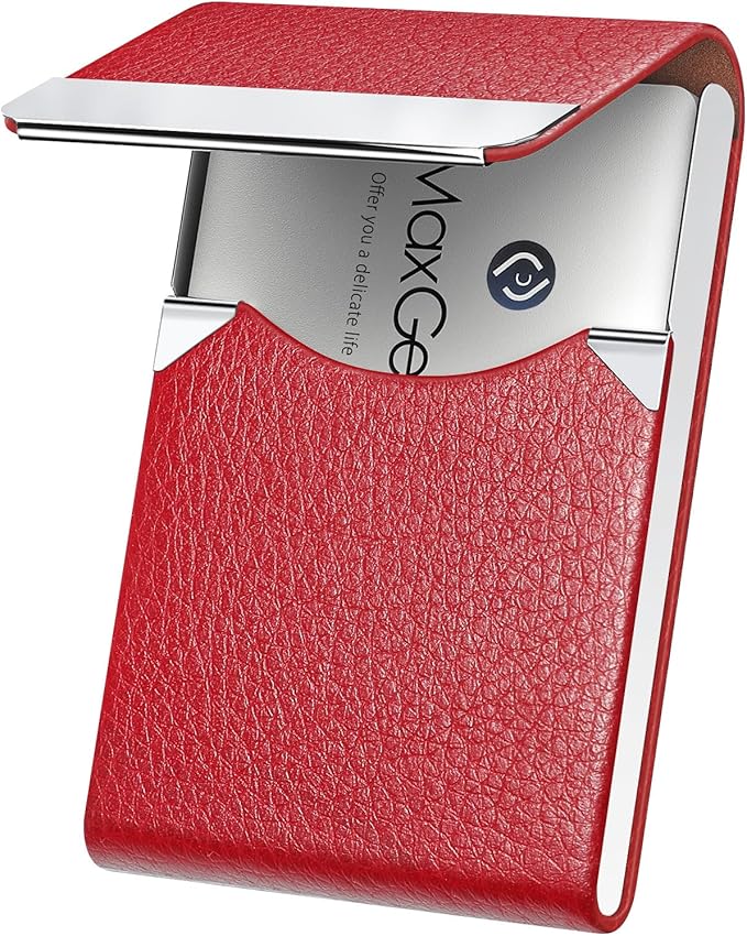 MaxGear Business Card Holder, PU Leather Business Card Case, Red | Stainless Steel Interior, Magnetic Closure, RFID Blocking, Holds 15–25 Standard Business Cards