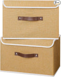 ANMINY 2PCS Storage Bins with Lid PU Leather Handles Storage Boxes PP Plastic Board Decorative Foldable Lidded Cotton Linen Fabric Home Cubes Baskets Closet Organizer Containers - Khaki, Large Size