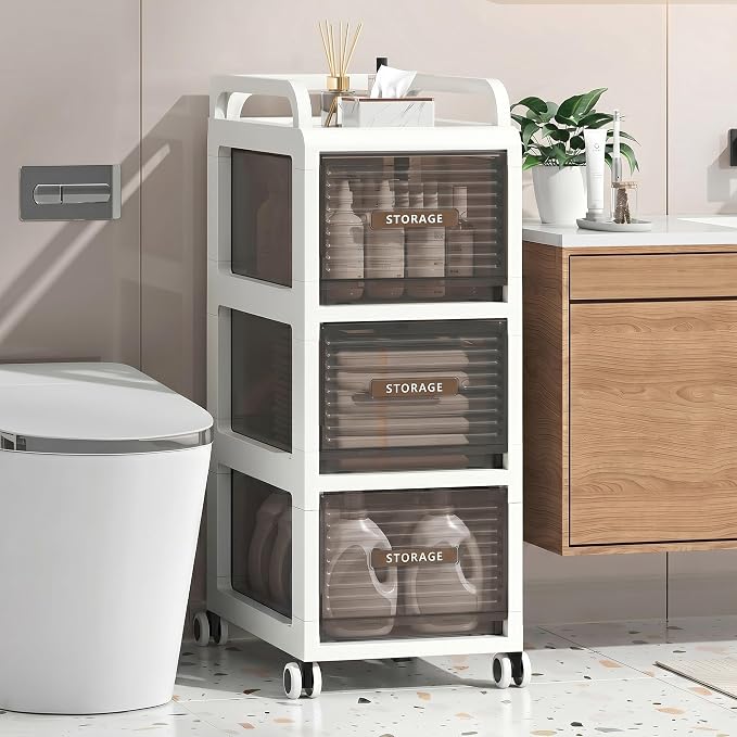 Bathroom Storage with Drawers, 11.8" Wide Wide Slim Storage Cabinet with Wheels for Small Spaces, Narraw Cart for Kitchen Office Bedroom Dinning Room Under Desk, 29.7" Tall