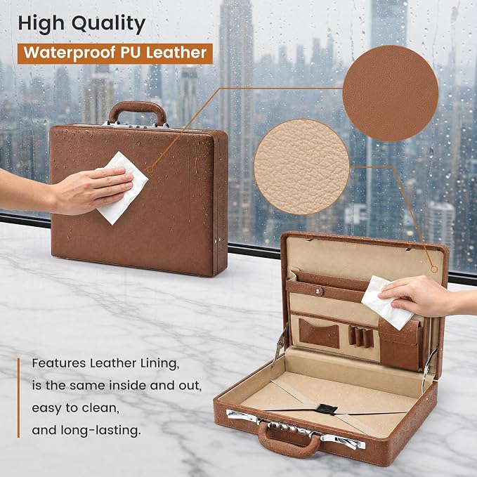 Briefcases for Men, Carrying Case Document Professional Leather Briefcase with Lock, Business Brief Case for 16 Inch Laptop Documents, Durable Executive Attache Case for Work Office Travel, Brown