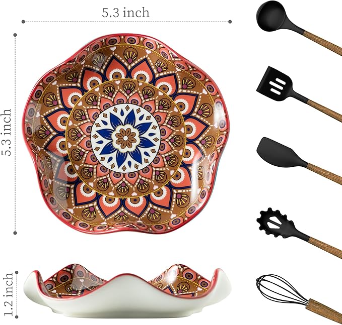 Miamolo Spoon Rest for Stove Top, 5.3in Spoon Holder Utensil Rest, Ceramic Spoon Rests for Kitchen Counter Bohemian Style Cooking Gift for Housewarming