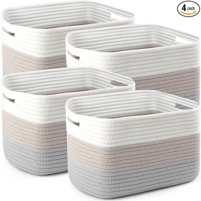 4 Pack Storage Baskets for Organizing, 11''Lx9''Wx8''H Woven Baskets for Storage Toys, Towels, Books, and Clothes, Cotton Rope Basket for Shelves with Handle White & Brown