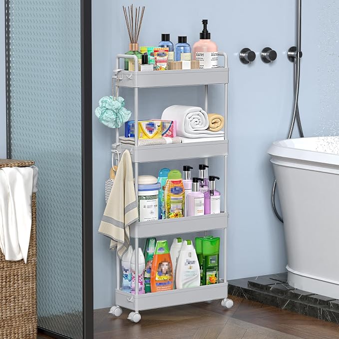 SOLEJAZZ Slim Rolling Storage Cart Skinny Bathroom Organizer, 4 Tier, Gray | Thin utility cart with wheels for bathroom, laundry room, bedside, kitchen, dorm, office, next to fridge, small narrow places