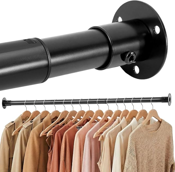 STORAGE MANIAC Closet Rods for Hanging Clothes 17.5 to 61 Inches Heavy Duty Stepless Adjustable Closet Hanging Rod 1.2 Inch Diameter Metal Closet Rod for Wardrobe Bathroom Bedroom Laundry RV, Black