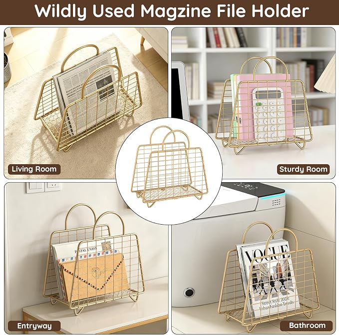 Gold Magazine Holder,Modern Magazine Rack Floor,Metal Wire Magazine Basket,Handbag Design Magazine Storage Organizer for Magazines File Book Newspaper Vinyl Record Albums