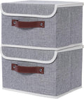 ANMINY 2PCS Storage Bin with Lid Storage Boxes with PU Leather Handles PP Plastic Board Decorative Foldable Lidded Cotton Linen Fabric Home Cubes Baskets Closet Organizer Container - Gray, Medium