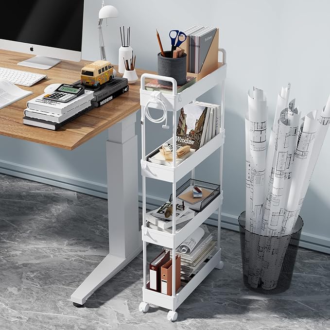 SOLEJAZZ Slim Rolling Storage Cart Skinny Bathroom Organizer, 4 Tier, White | Thin utility cart with wheels for bathroom, laundry room, bedside, kitchen, dorm, office, next to fridge, small narrow places