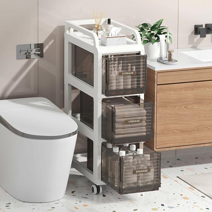 Bathroom Storage with Drawers, 9.8" Wide Wide Slim Storage Cabinet with Wheels for Small Spaces, Narraw Cart for Kitchen Office Bedroom Dinning Room Under Desk, 29.7" Tall