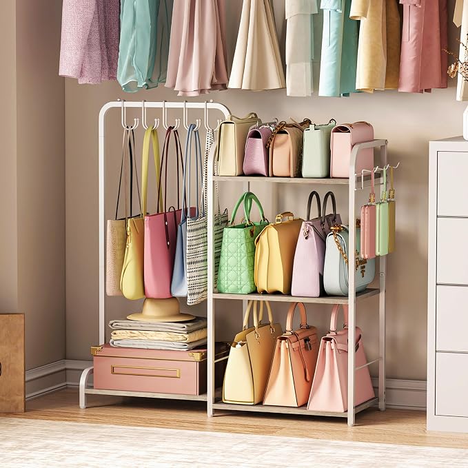 Purse Organizer for Closet, Large Capacity Purse Rack with 2 Purse Hangers and 5 Purse Hooks for Bag Organizer, Freestanding 3-Tier Handbag Organizer for Purse Storage, Ironwood Purse Holder, White