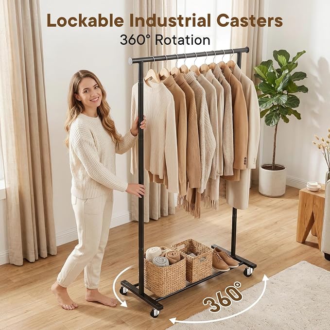 Clothes Rack, Clothing Rack for Hanging Clothes, Rolling Clothes Garmen Rack Coat Rack Portable Wardrobe Rack Metal Closet Rack for Bedroom Laundry Living Room, Black