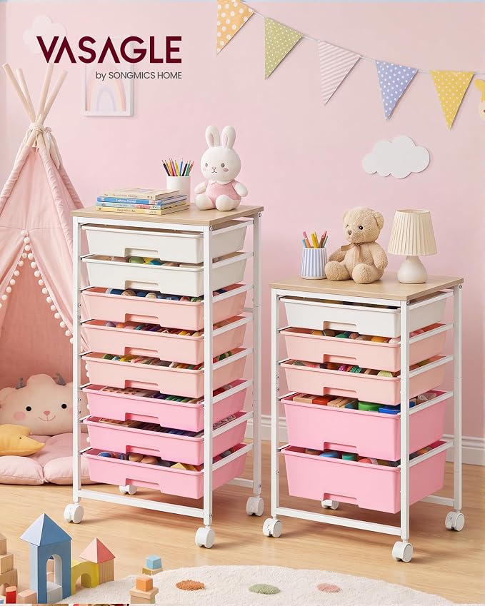 VASAGLE 5-Drawer Rolling Storage Cart, Mobile Organizer Trolley with Wood Top and Metal Frame, for Craft Room, Office, 15.6 x 11.2 x 24.8 inch, Pink, BENCO Collection ULRC005S101