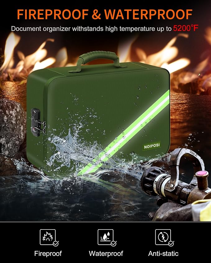 Noiposi Fireproof Document Box with Lock 5200℉ Water Resistant | Portable ,Home ,Travel Strong Document Storage Organizer with 7 pockets for Important Documents and File ,Green