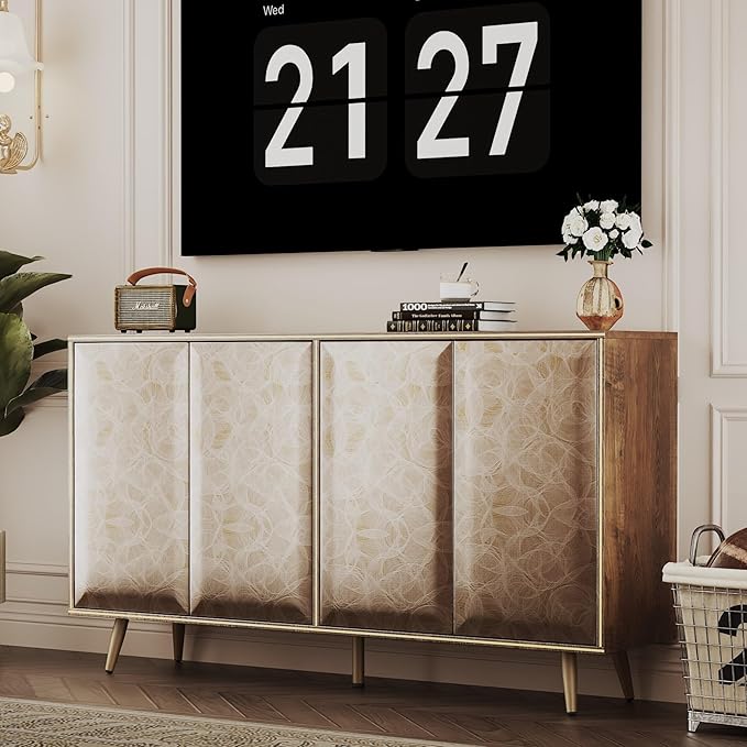 Sideboard Buffet Cabinet with Raised Shaped & Geometric Line Texture Door Panel, Accent Storage Cabinet for Living Room (Cabinet Body- Oak, 4 Door-15 D x 61" W x 34.5" H)