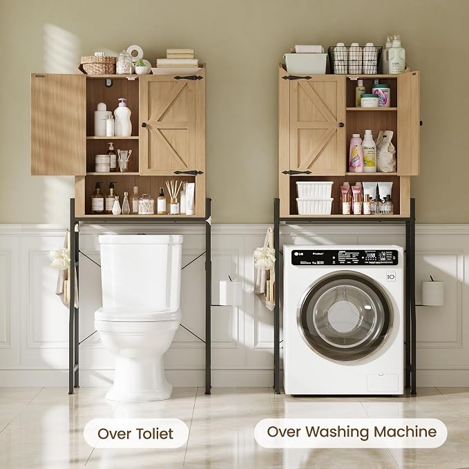 Memobarco Over The Toilet Storage Cabinet with 2-Door & Metal Stand, Wood | Toilet Paper Holder, 3 Extra Hooks, Anti-Tipping Device, With Adjustable Shelves, for Bathroom, Restroom, Laundry