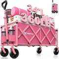 Hikemoon 34'' Extra Long Collapsible Wagons Carts Foldable, 360LBS Heavy Duty Folding Beach Wagon Cart with Wheels, Portable Utility Outdoor Wagon for Grocery, Shopping, Garden, Sports, Camping, Pink