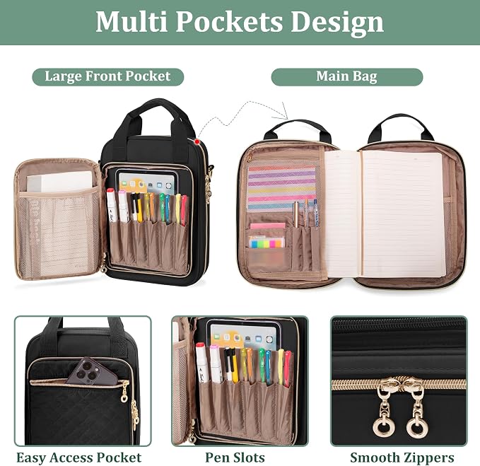 Teamoy Journal Supplies Storage Case, Planner Bag with Pen Slots, Black | Quilted Stationery Bag with Shoulder Strap, Travel Organizer Holder for B5 Notebooks, Planner, Pens, and Journal Accessories