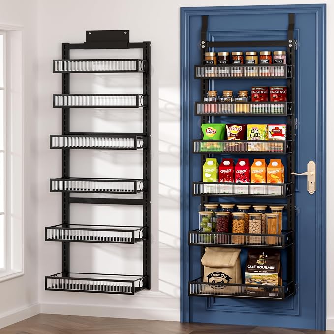 Over the Door Pantry Organizer 6 Tiers Hanging or Wall Mounted Spice Rack with Adjustable Basket,Heavy Duty Metal Seasoning Organizer Shelf for Kitchen Pantry and Bathroom