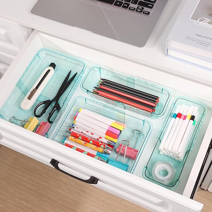 8 Pcs Mixed Extendable Clear Drawer Organizer, All Adjustable Vanity Storage Box, 4-Size Desk Drawer Organizer, Acrylic Storage Bins for Makeup, Bedroom Dressers Tool Organizer for Gadgets, Blue