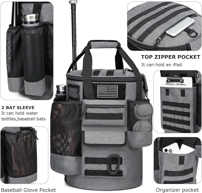 Baseball Bucket Bag Baseball Coaching Accessories Organizer Tactical Style Softball Bucket Bag with Anti-Slip Bottom, Multiple Pockets for Bat, Gloves, Scoreboards